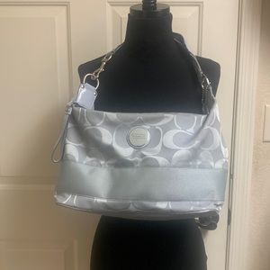 COACH Gray Purse, Cloth and Leather with Silver accessories